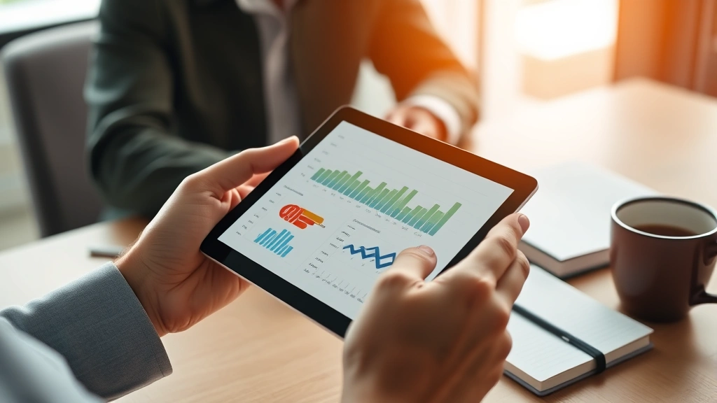 Close-up of hands holding a digital tablet showing productivity metrics and progress charts, modern minimalist workspace with coffee cup and notebook, warm professional lighting, data visualization clearly visible
