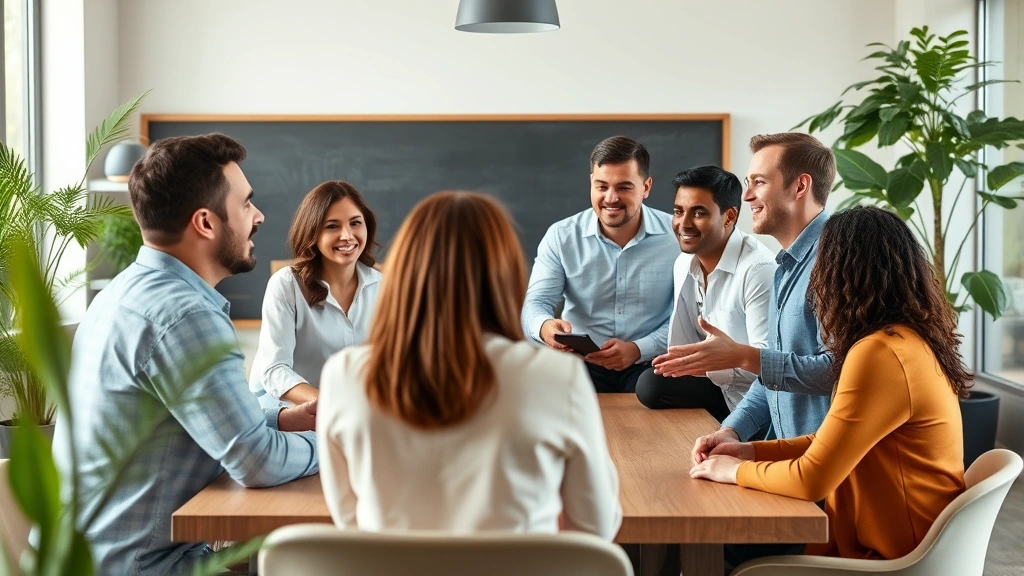 Diverse group of professionals in collaborative meeting room engaged in discussion, positive body language and engaged expressions, modern office environment with natural elements, demonstrating enhanced teamwork and communication