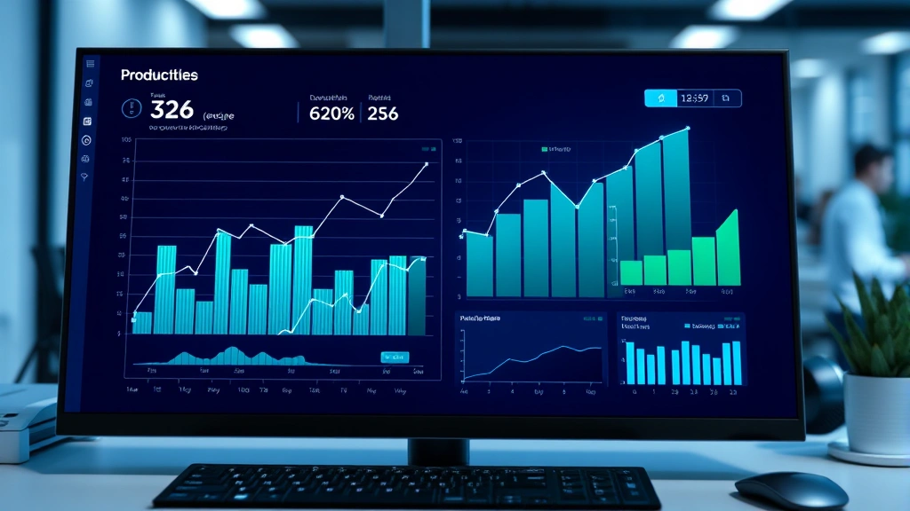 Digital productivity dashboard showing graphs and metrics increasing upward, modern UI design, blue and green data visualizations, technology focused, clean workspace environment