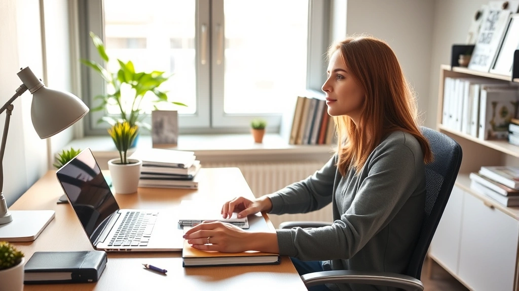 Productive professional at desk with visible improvement in organization and focus, morning light, laptop and journal, peaceful expression, organized workspace reflecting mental clarity and purpose