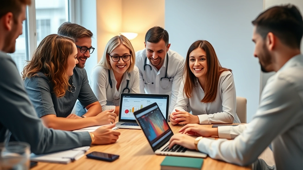 Diverse therapy team collaborating around table with laptop showing practice analytics dashboard, graphs and performance metrics visible, professional healthcare setting with warm lighting