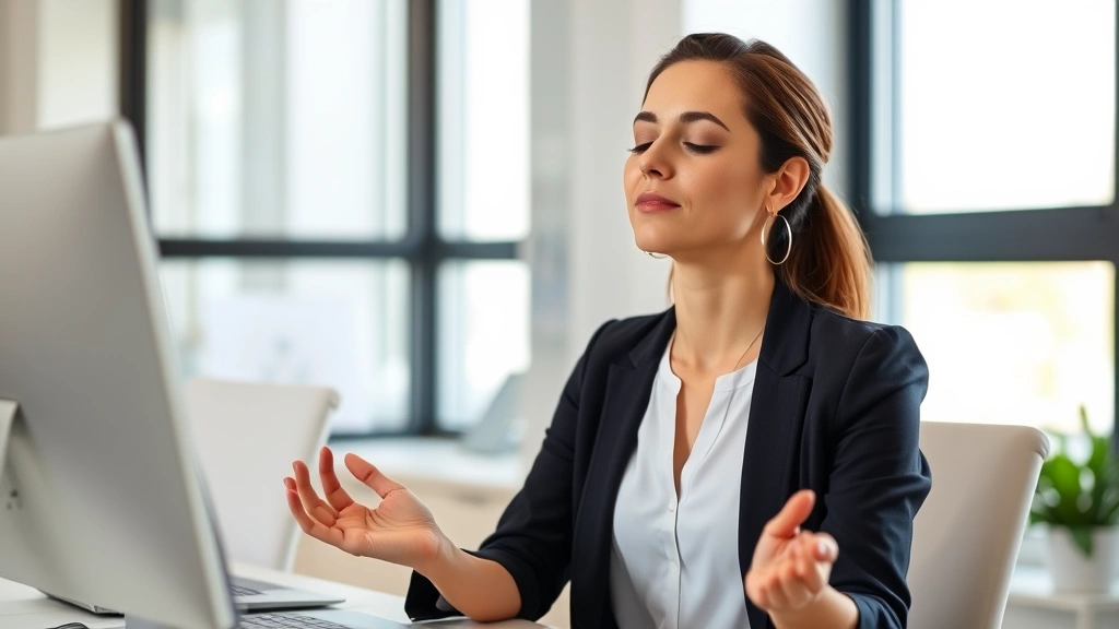 Professional woman at desk practicing mindfulness with eyes closed, modern office background, peaceful focused expression, natural window light, productivity enhancement moment, contemporary workplace wellness