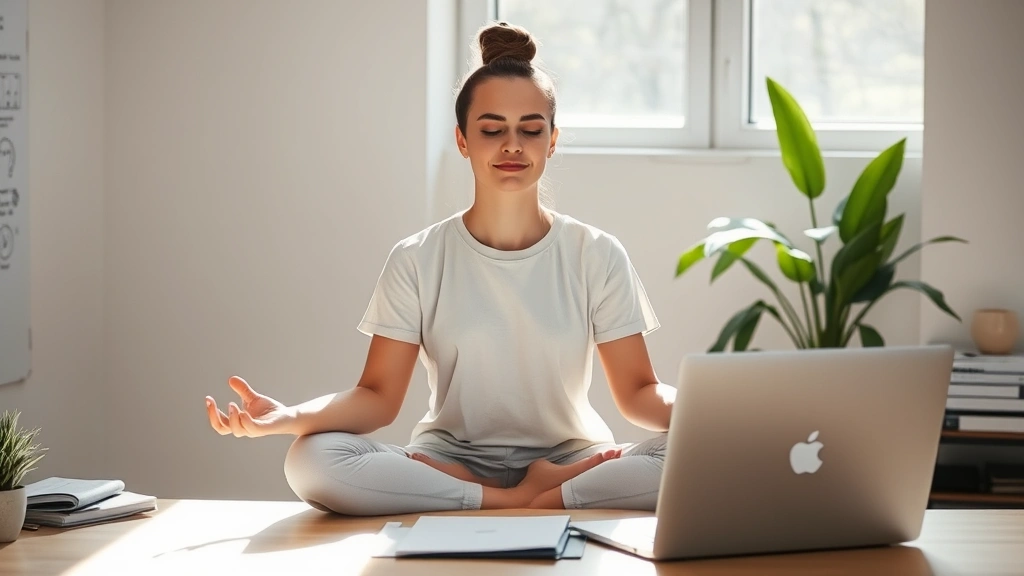 Person meditating peacefully at a desk with laptop nearby, morning sunlight streaming through window, plant in background, serene expression, organized workspace, natural and authentic pose
