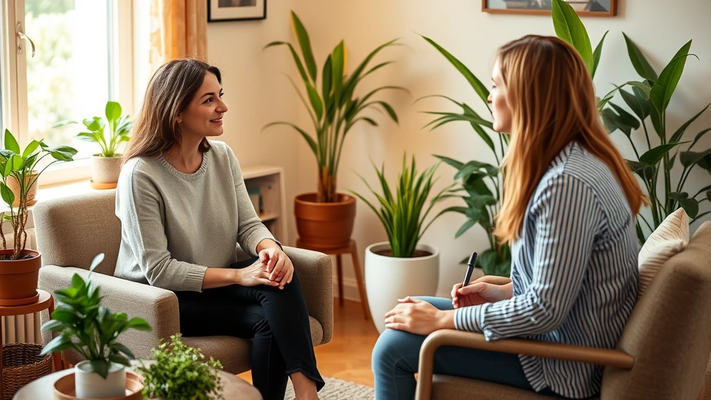 Person in comfortable therapy office setting during consultation, warm lighting, peaceful environment with plants, therapist and client in supportive conversation, representing mental health support and professional wellness journey