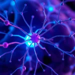 Close-up of neural network visualization with interconnected nodes glowing blue and purple, representing brain connectivity and neuroplasticity during psychological healing, professional medical illustration style, high detail