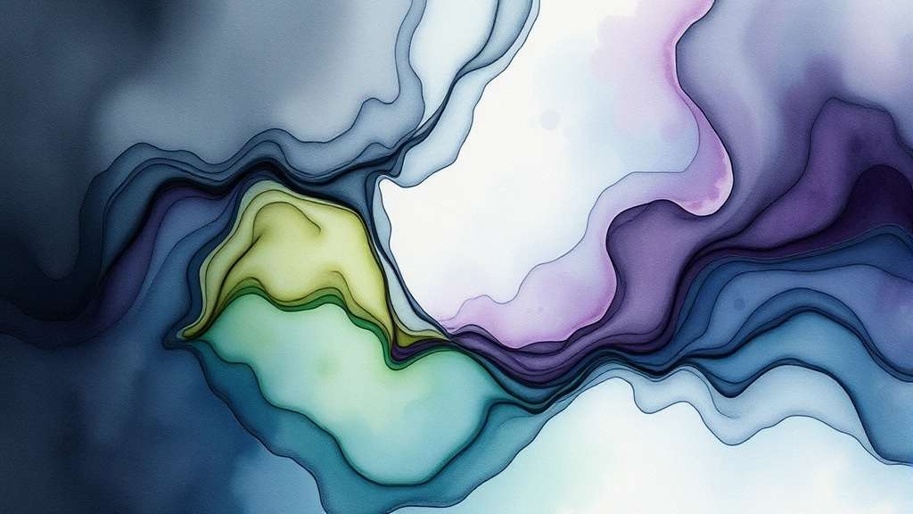 Abstract visualization of emotional processing with flowing watercolor-like patterns transitioning from dark turbulent colors to calm peaceful hues, representing trauma healing and emotional resolution, artistic but professional
