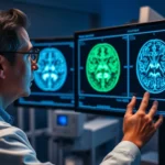 Neuroscientist examining brain scan imagery showing illuminated prefrontal cortex regions, modern laboratory setting with advanced neuroimaging equipment, professional medical environment with soft blue and green lighting, high-tech medical visualization displays