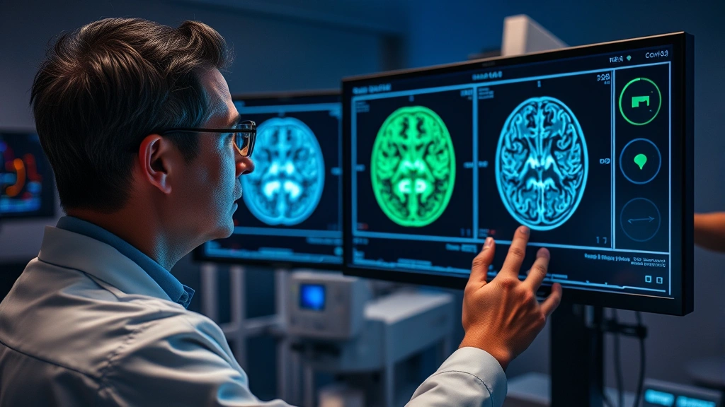 Neuroscientist examining brain scan imagery showing illuminated prefrontal cortex regions, modern laboratory setting with advanced neuroimaging equipment, professional medical environment with soft blue and green lighting, high-tech medical visualization displays