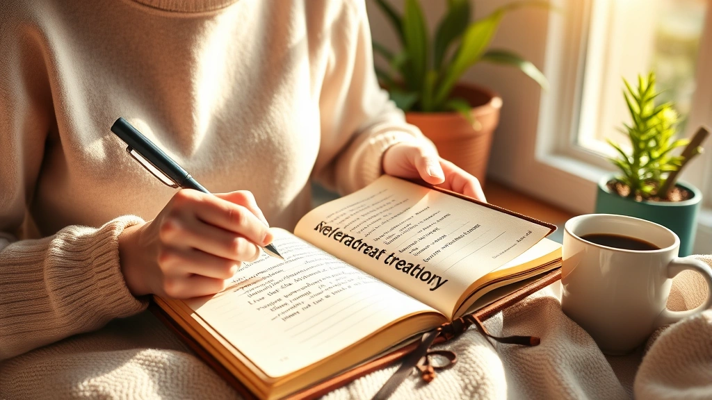Person journaling in peaceful morning sunlight, handwriting therapeutic affirmations in leather-bound journal, cozy home setting with warm natural light, coffee cup nearby, serene mindfulness atmosphere with plants and calm interior design