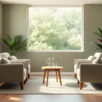 Serene therapy room interior with soft warm lighting, comfortable armchairs positioned at conversational distance, muted sage green walls, large window with nature view, wooden side table with water pitcher, potted plants in corners, minimalist neutral decor, photorealistic calm professional healthcare environment