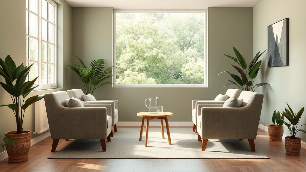 Serene therapy room interior with soft warm lighting, comfortable armchairs positioned at conversational distance, muted sage green walls, large window with nature view, wooden side table with water pitcher, potted plants in corners, minimalist neutral decor, photorealistic calm professional healthcare environment