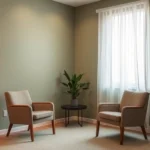 Serene therapy room with soft warm lighting, two comfortable chairs at slight angle, muted green walls, natural light from window with sheer curtains, potted plant, minimalist decor, calming professional space