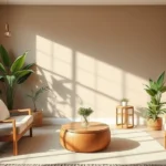 Serene therapy room with soft natural lighting, comfortable neutral-toned seating, potted plants, and calming earth-tone walls creating safe healing environment