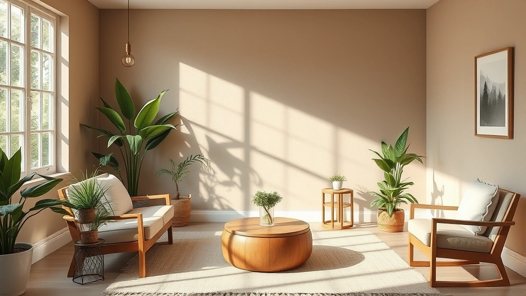 Serene therapy room with soft natural lighting, comfortable neutral-toned seating, potted plants, and calming earth-tone walls creating safe healing environment
