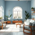 Serene therapy room with soft blue walls, natural light from large window, comfortable seating arranged at angles, living plants on shelves, warm wood furniture, minimalist décor, peaceful ambiance