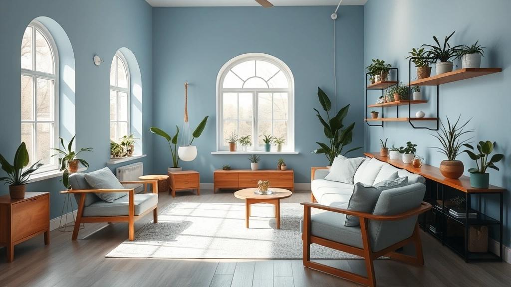 Serene therapy room with soft blue walls, natural light from large window, comfortable seating arranged at angles, living plants on shelves, warm wood furniture, minimalist décor, peaceful ambiance
