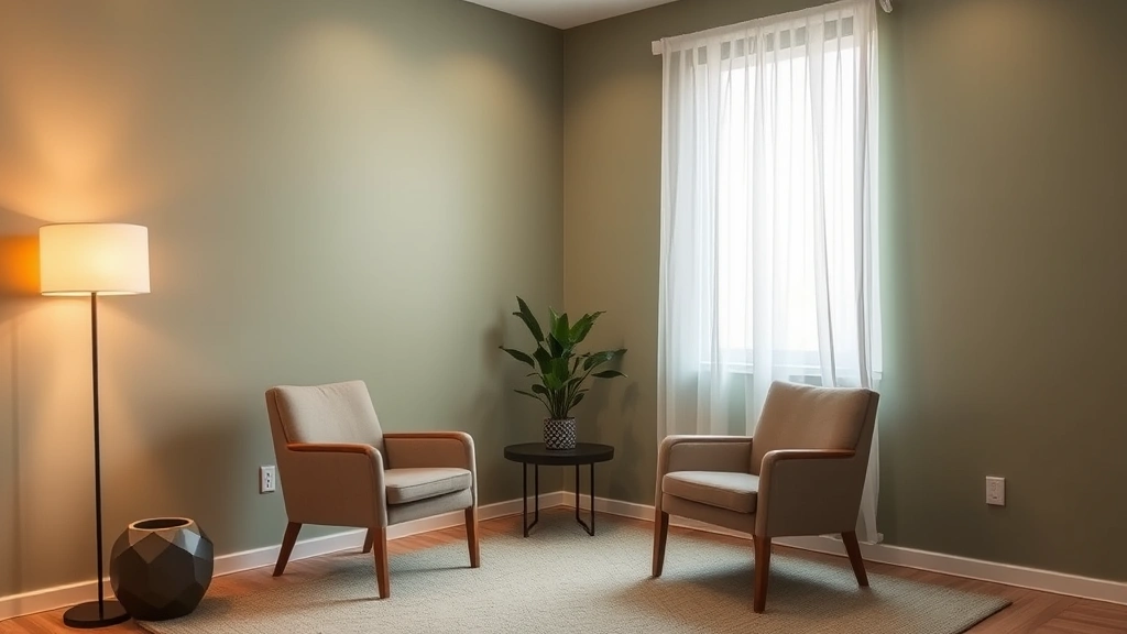 Serene therapy room with soft warm lighting, two comfortable chairs at slight angle, muted green walls, natural light from window with sheer curtains, potted plant, minimalist decor, calming professional space