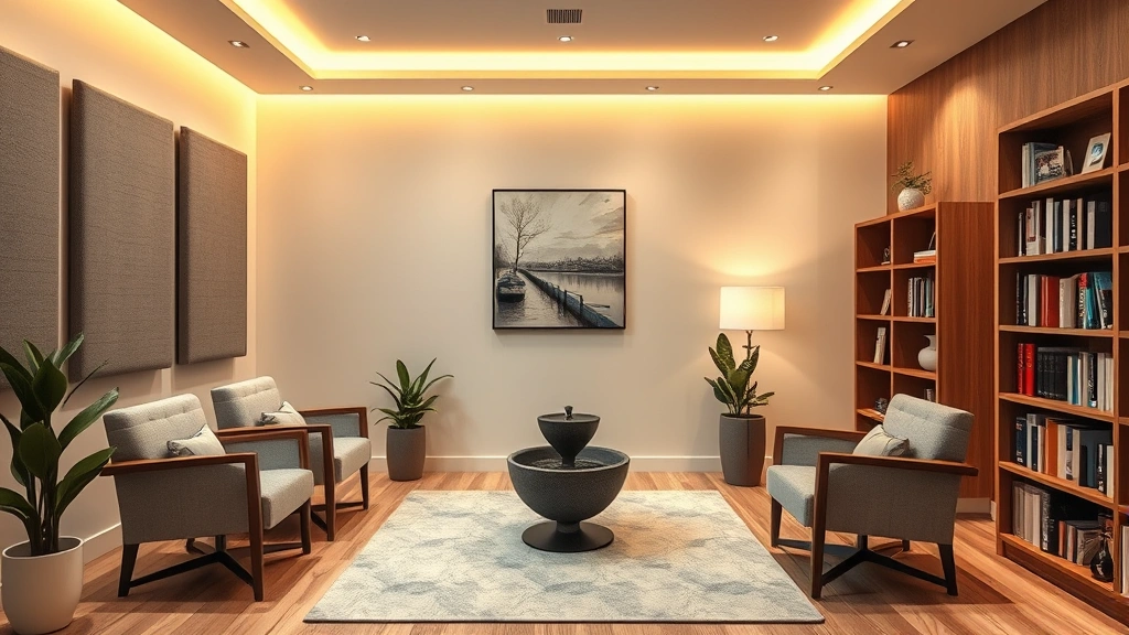 Modern therapy office showing acoustic wall panels, ergonomic seating arrangement, warm LED lighting creating cozy ambiance, natural wood flooring, abstract calming artwork on walls, small fountain for white noise, organized bookshelf with professional materials, inviting welcoming therapeutic space