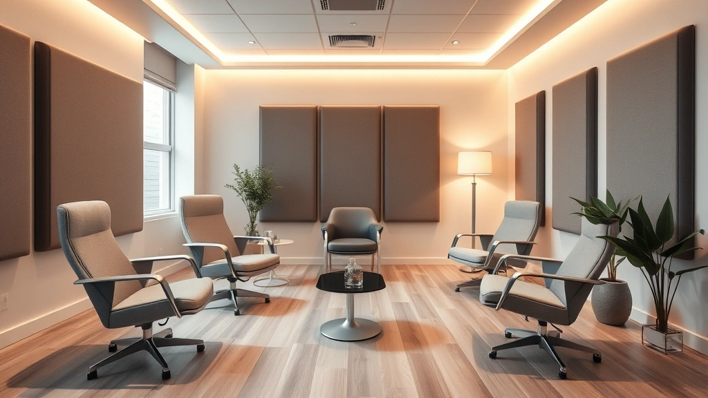 Modern therapist office featuring ergonomic chairs, soundproof walls, warm lighting, minimalist decor, and professional therapeutic setup for mental health treatment
