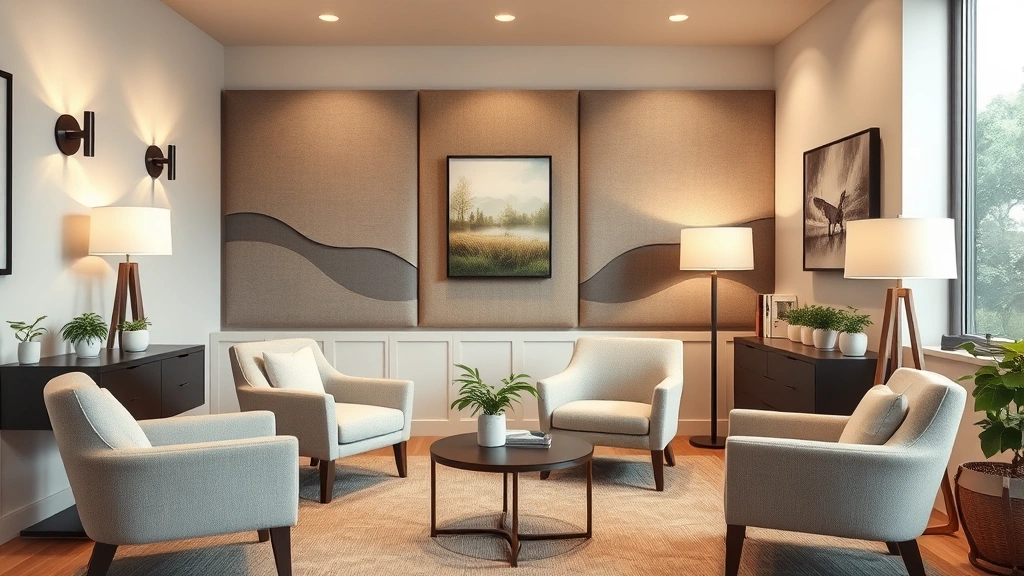 Modern therapy office interior featuring neutral color palette, layered lighting with sconces and lamps, upholstered chairs positioned conversationally, acoustic wall panels, nature artwork, organized professional space
