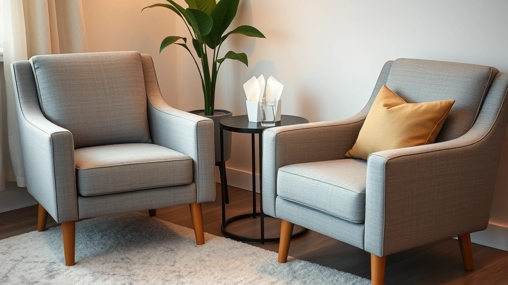 Close-up of comfortable therapeutic seating arrangement showing two upholstered chairs positioned at angle, soft area rug, side table with tissues and water glass, warm ambient lighting creating safe welcoming environment