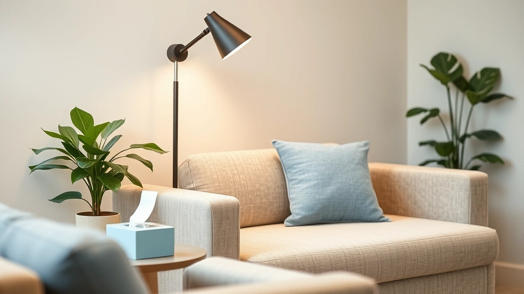 Contemporary therapy room detail showing comfortable upholstered seating, soft throw pillows, adjustable task lighting, air purifying plant, tissue box on side table, neutral color palette with blue accent textiles, peaceful serene healthcare interior design, professional therapeutic environment