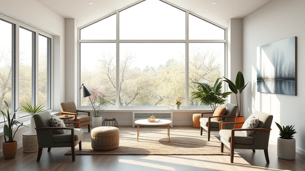 Peaceful therapy space with large windows, natural daylight, comfortable furniture arrangement, soft textures, and subtle nature artwork supporting emotional healing