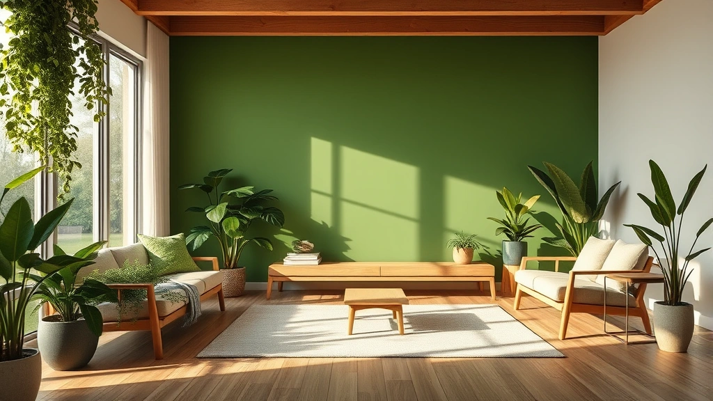 Calming therapeutic environment with green accent wall, soft natural lighting, wooden flooring with area rug, indoor plants creating biophilic design, comfortable seating options, serene and welcoming atmosphere