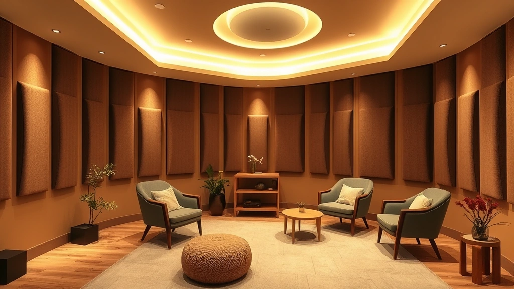Modern therapy room featuring layered lighting design with dimmer controls, warm color palette, acoustic panels on walls, organized minimal furniture, natural elements, professional yet intimate healing space