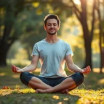 Person in peaceful meditation pose sitting cross-legged in serene natural setting with soft sunlight filtering through trees, calm expression, therapeutic wellness environment