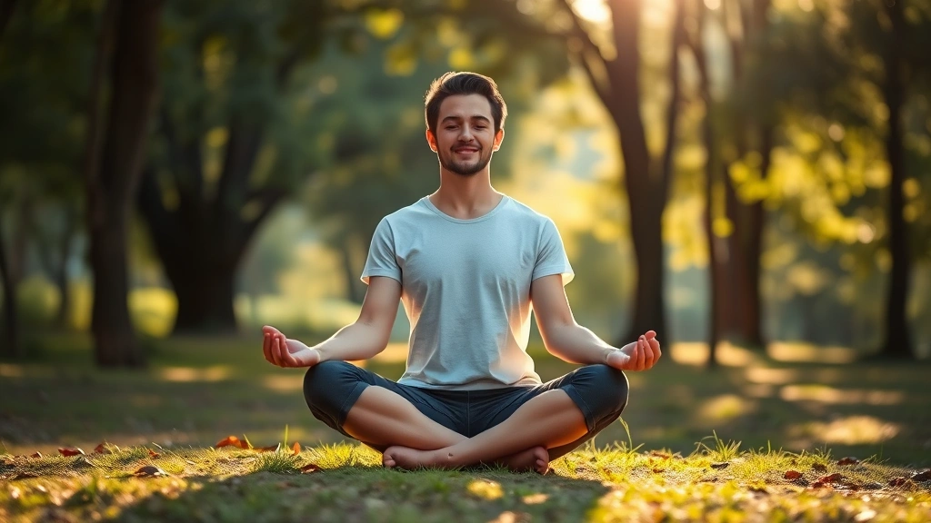 Person in peaceful meditation pose sitting cross-legged in serene natural setting with soft sunlight filtering through trees, calm expression, therapeutic wellness environment