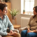 Two people sitting in comfortable chairs in a warm, naturally lit office space, one person listening intently with genuine empathy and attention, soft neutral colors, peaceful atmosphere, professional therapeutic environment