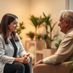 Professional therapist and patient in warm, welcoming therapy office with soft lighting, comfortable seating, potted plants, emphasizing safe therapeutic environment and emotional connection, photorealistic professional setting