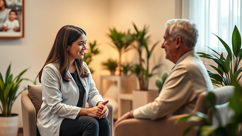 Professional therapist and patient in warm, welcoming therapy office with soft lighting, comfortable seating, potted plants, emphasizing safe therapeutic environment and emotional connection, photorealistic professional setting