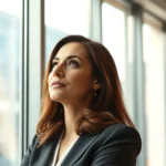 Professional woman in modern office looking thoughtfully out window, warm natural lighting, serene expression suggesting emotional clarity and self-awareness