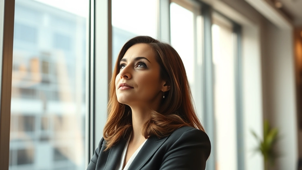 Professional woman in modern office looking thoughtfully out window, warm natural lighting, serene expression suggesting emotional clarity and self-awareness