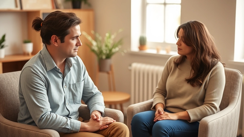 Two people sitting in comfortable chairs in a warm, naturally lit office space, one person listening intently with genuine empathy and attention, soft neutral colors, peaceful atmosphere, professional therapeutic environment