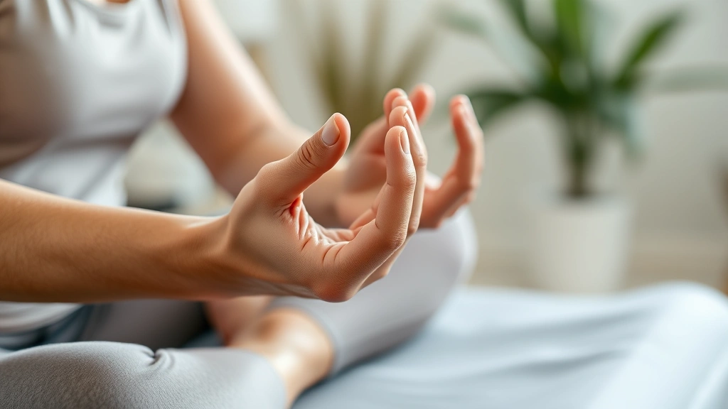 Close-up of hands performing mindful body awareness during physical therapy rehabilitation, gentle movement with focused attention, clinical yet peaceful setting