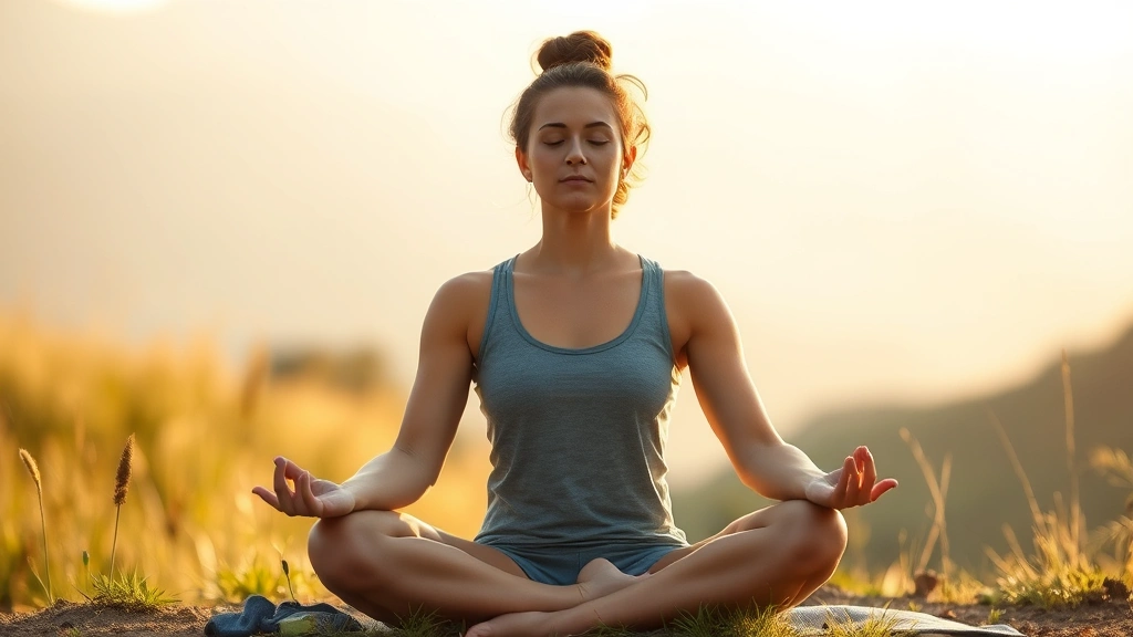 Person sitting peacefully in meditative posture outdoors in natural landscape, calm nervous system state, soft golden light, representing emotional regulation and parasympathetic activation from therapeutic work