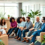 Diverse group of people in a modern, bright mental health clinic waiting area with comfortable seating, plants, and warm lighting, creating a welcoming therapeutic environment