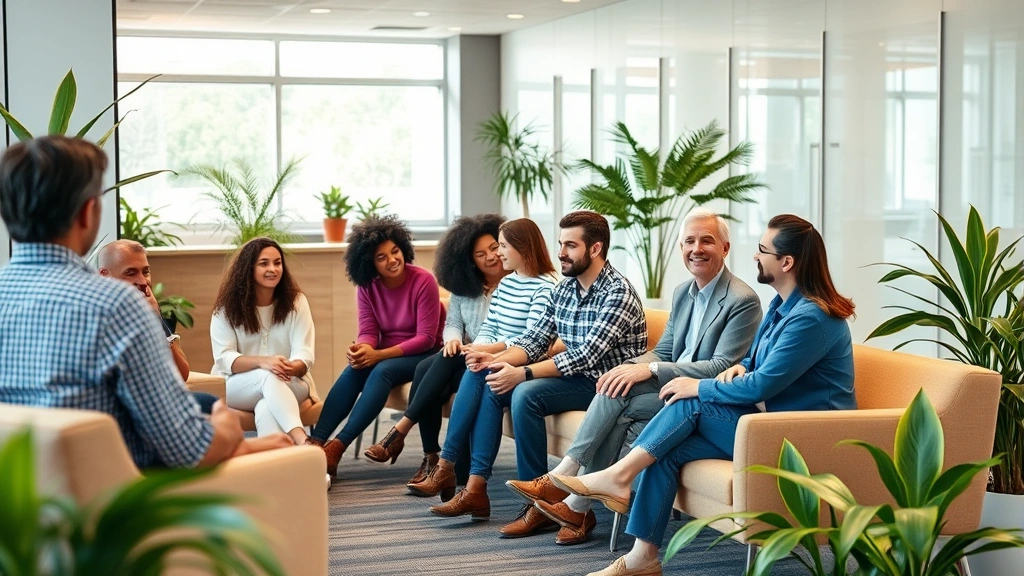 Diverse group of people in a modern, bright mental health clinic waiting area with comfortable seating, plants, and warm lighting, creating a welcoming therapeutic environment