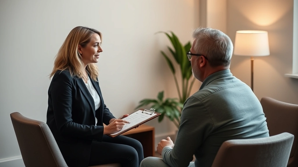 Professional female therapist with clipboard meeting with male client in a private consultation room with natural light, emphasizing confidential mental health support