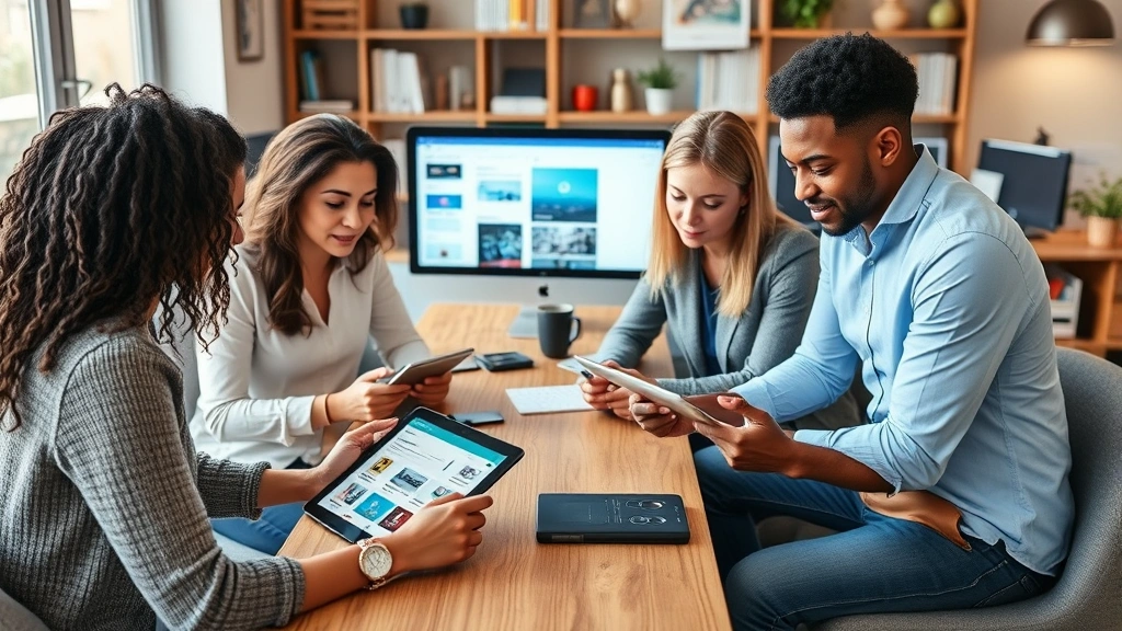 Diverse mental health professionals collaborating in a therapy shoppe setting, reviewing client resources and digital mental health tools on tablets and computers
