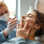 Professional physical therapist performing gentle jaw mobilization on patient in modern clinic setting, hands demonstrating therapeutic technique on patient's face, clinical environment with warm lighting, realistic medical photography