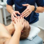 Physical therapist performing manual mobilization on patient's temporomandibular joint, hands-on treatment in clinical setting, professional therapeutic environment, patient lying back in treatment chair