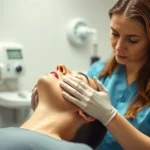 Physical therapist performing gentle manual therapy on patient's jaw and neck, hands-on treatment in clinical setting, professional healthcare environment, realistic lighting