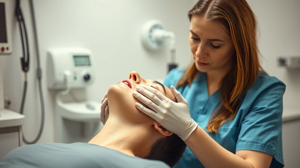 Physical therapist performing gentle manual therapy on patient's jaw and neck, hands-on treatment in clinical setting, professional healthcare environment, realistic lighting