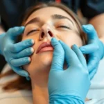 Professional physical therapist performing manual therapy on patient's jaw and temporomandibular joint area, hands-on treatment in clinical setting, therapeutic touch on face and jaw region, close-up of skilled hands-on therapy