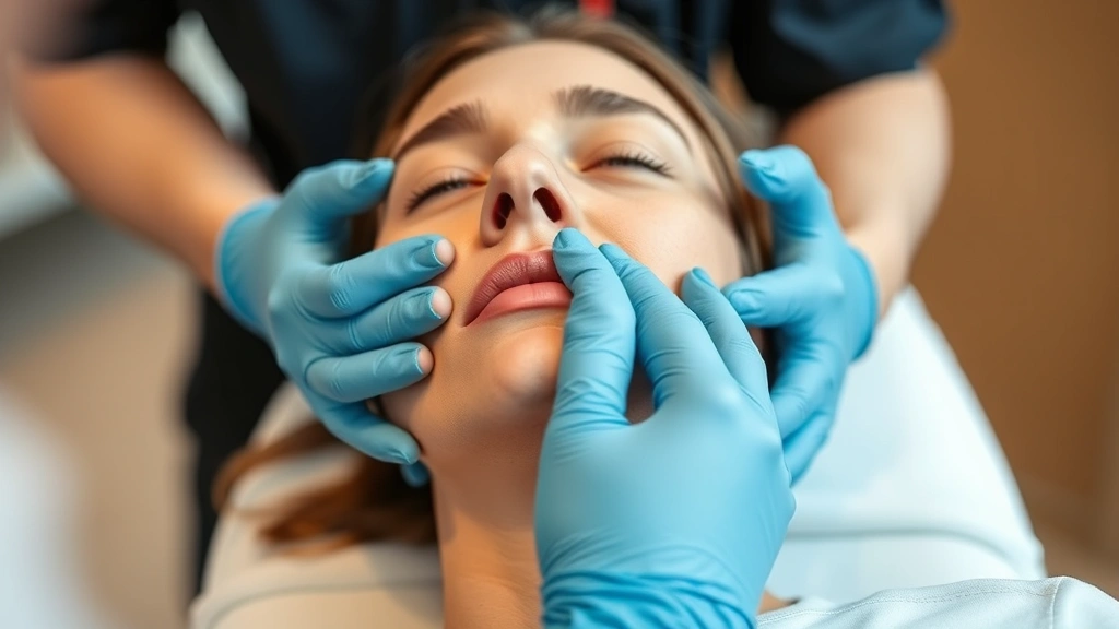 Professional physical therapist performing manual therapy on patient's jaw and temporomandibular joint area, hands-on treatment in clinical setting, therapeutic touch on face and jaw region, close-up of skilled hands-on therapy