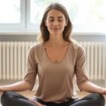 Professional woman sitting in peaceful meditation pose with serene expression, soft natural lighting from window, calm indoor environment, mindfulness and relaxation focus, no text or distracting elements
